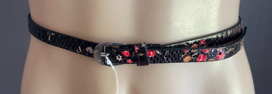 JAY JAYS Black Pleather PU 1.5cm Thin Belt Floral Print Size M To Fit 85-95cm