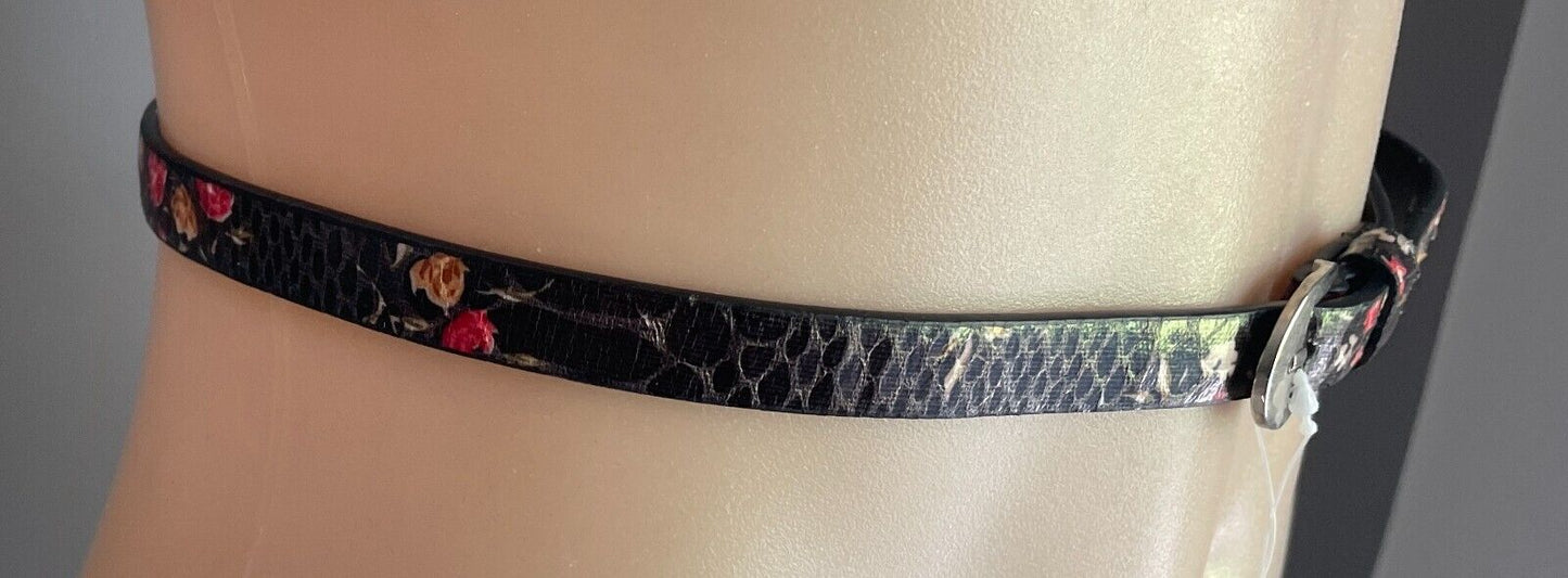 JAY JAYS Black Pleather PU 1.5cm Thin Belt Floral Print Size M To Fit 85-95cm