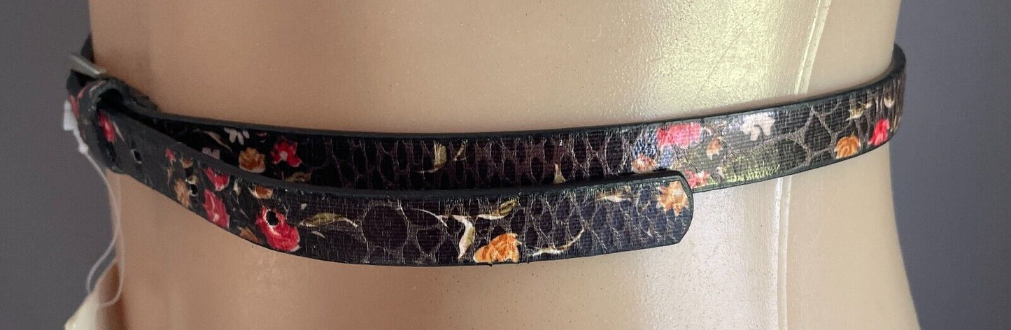 JAY JAYS Black Pleather PU 1.5cm Thin Belt Floral Print Size M To Fit 85-95cm