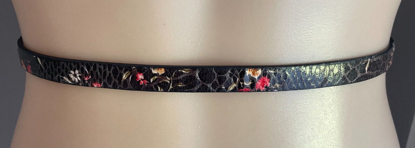 JAY JAYS Black Pleather PU 1.5cm Thin Belt Floral Print Size M To Fit 85-95cm