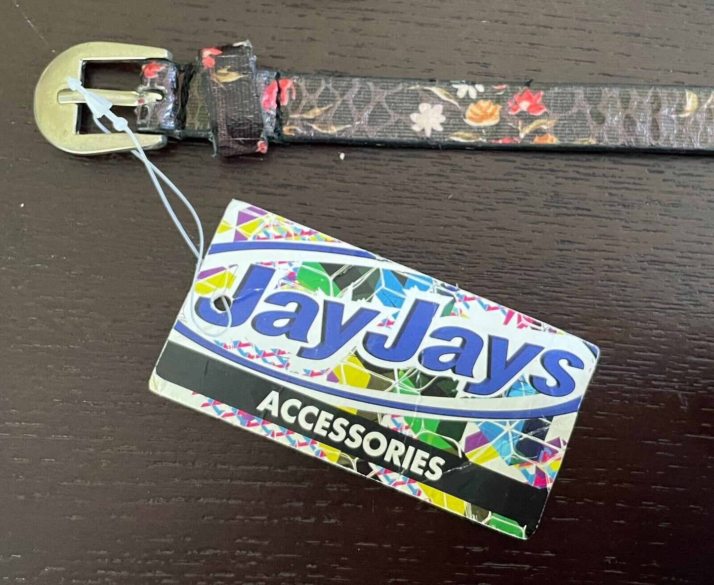 JAY JAYS Black Pleather PU 1.5cm Thin Belt Floral Print Size M To Fit 85-95cm