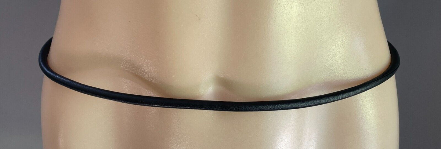Vintage Black "Round" Thin Leather Belt w Hanging Silver Chain Trim Size 8 - 10