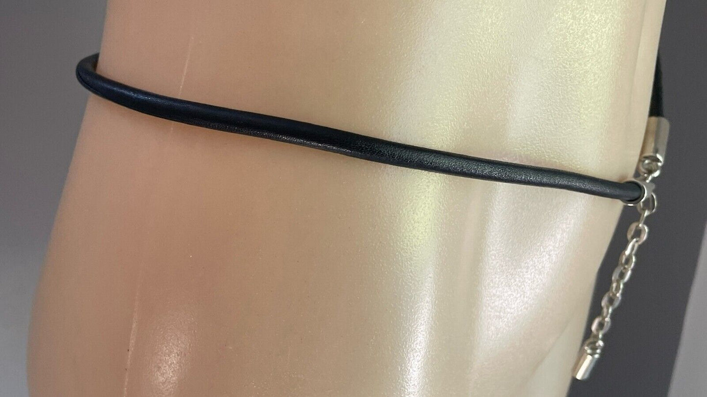 Vintage Black "Round" Thin Leather Belt w Hanging Silver Chain Trim Size 8 - 10