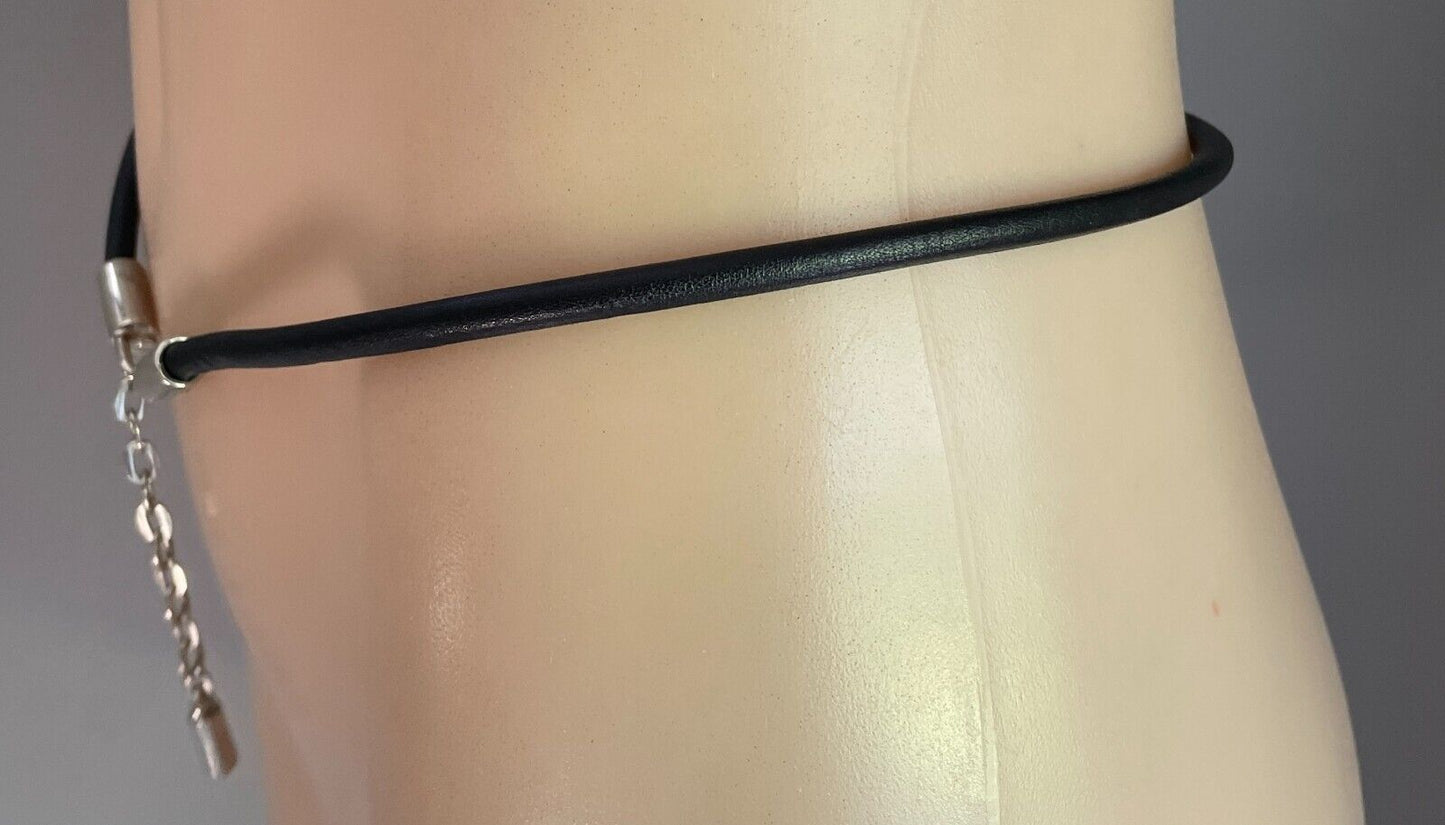 Vintage Black "Round" Thin Leather Belt w Hanging Silver Chain Trim Size 8 - 10