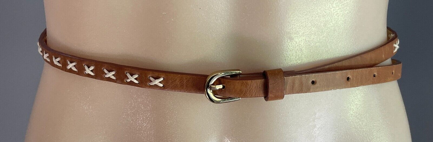 Belt Rich Tan 1cm Thin Pleather With Cross Stitch Trim Waist 90 - 105cm Retro
