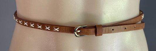 Belt Rich Tan 1cm Thin Pleather With Cross Stitch Trim Waist 90 - 105cm Retro