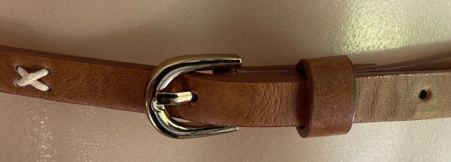 Belt Rich Tan 1cm Thin Pleather With Cross Stitch Trim Waist 90 - 105cm Retro