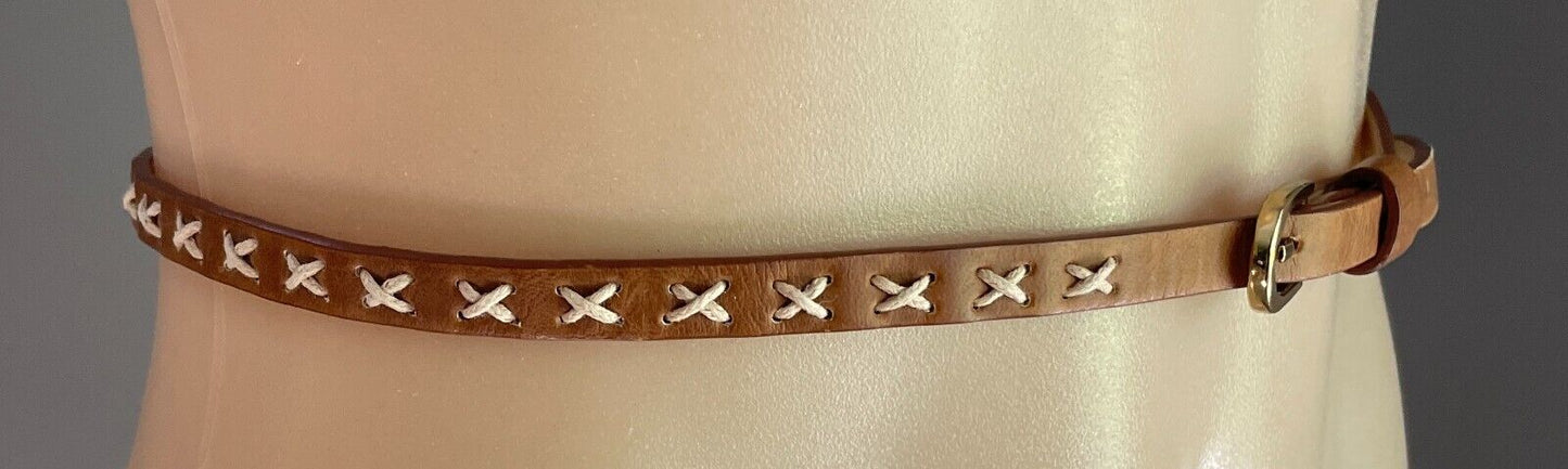 Belt Rich Tan 1cm Thin Pleather With Cross Stitch Trim Waist 90 - 105cm Retro