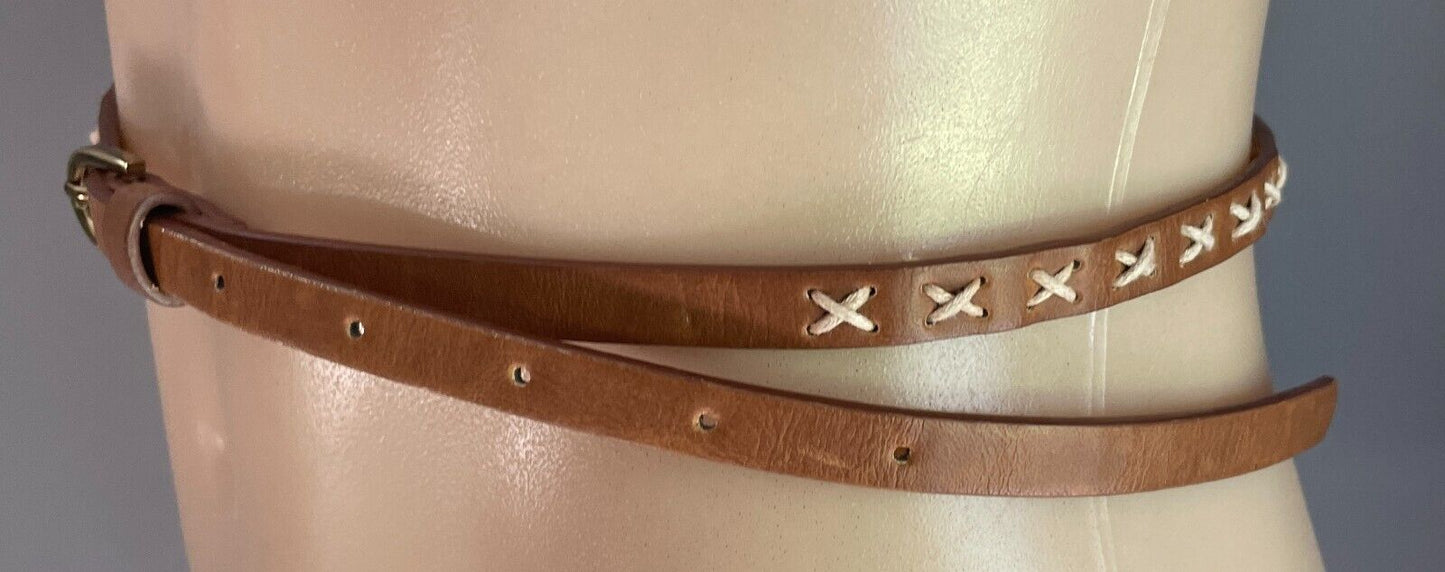 Belt Rich Tan 1cm Thin Pleather With Cross Stitch Trim Waist 90 - 105cm Retro