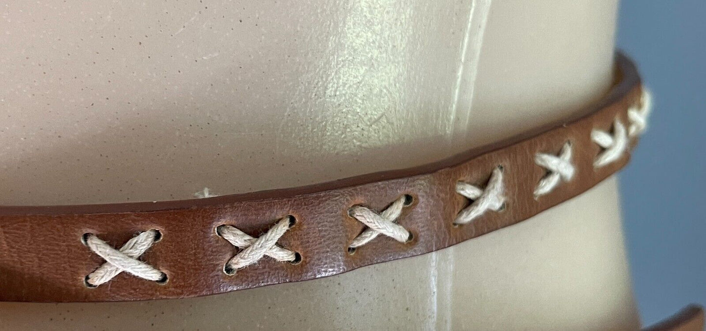 Belt Rich Tan 1cm Thin Pleather With Cross Stitch Trim Waist 90 - 105cm Retro