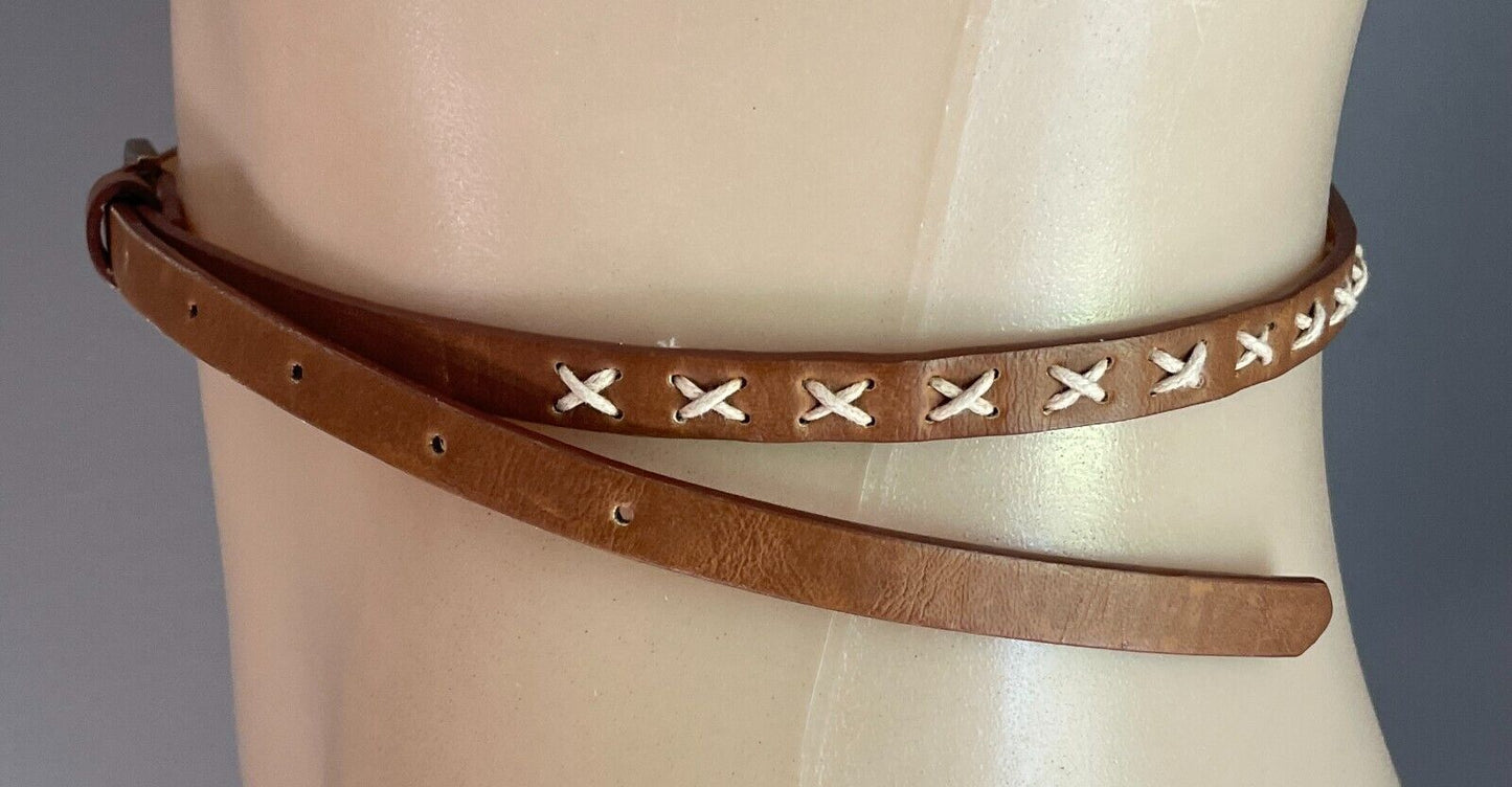 Belt Rich Tan 1cm Thin Pleather With Cross Stitch Trim Waist 90 - 105cm Retro