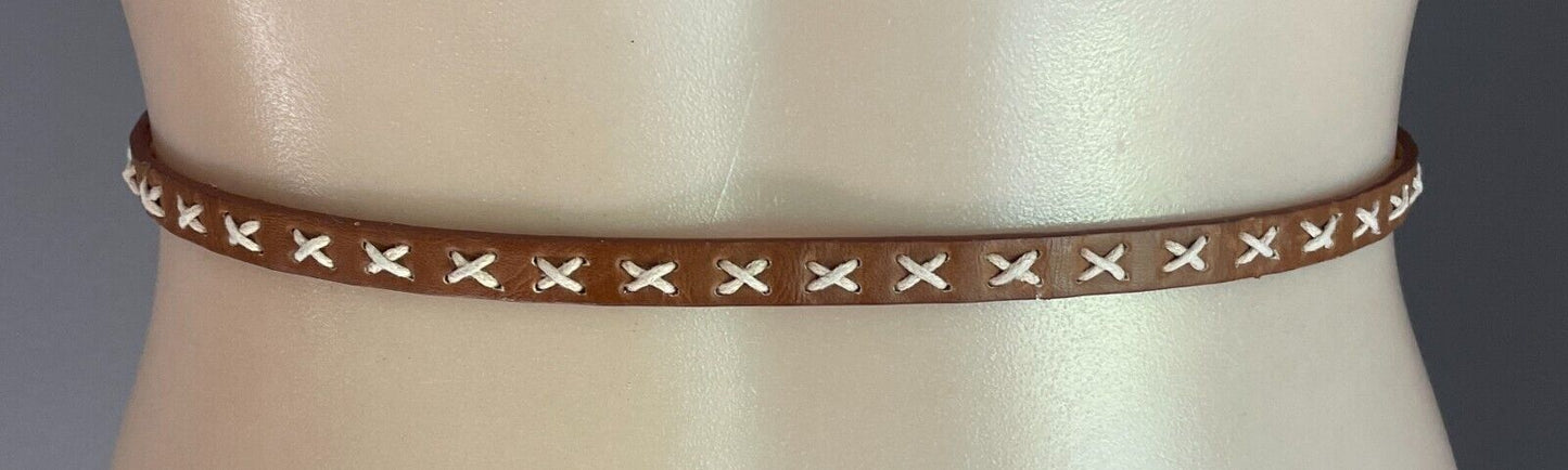 Belt Rich Tan 1cm Thin Pleather With Cross Stitch Trim Waist 90 - 105cm Retro