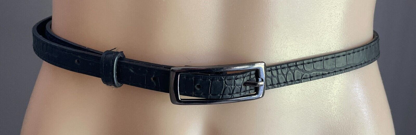 Thin Belt Black Croc Look Pleather 1.5cm To Fit Waist 86 - 96cm Rectangle Buckle