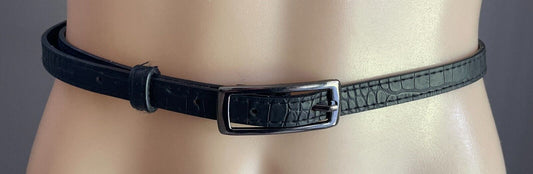 Thin Belt Black Croc Look Pleather 1.5cm To Fit Waist 86 - 96cm Rectangle Buckle