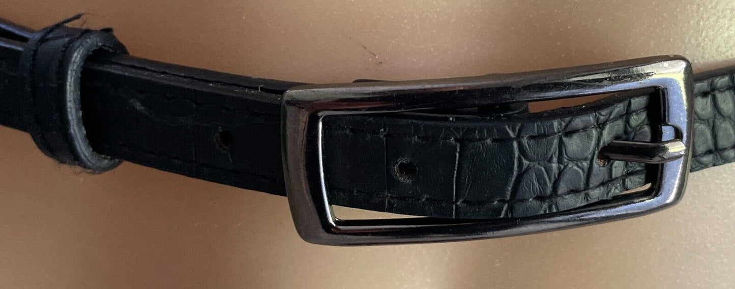 Thin Belt Black Croc Look Pleather 1.5cm To Fit Waist 86 - 96cm Rectangle Buckle