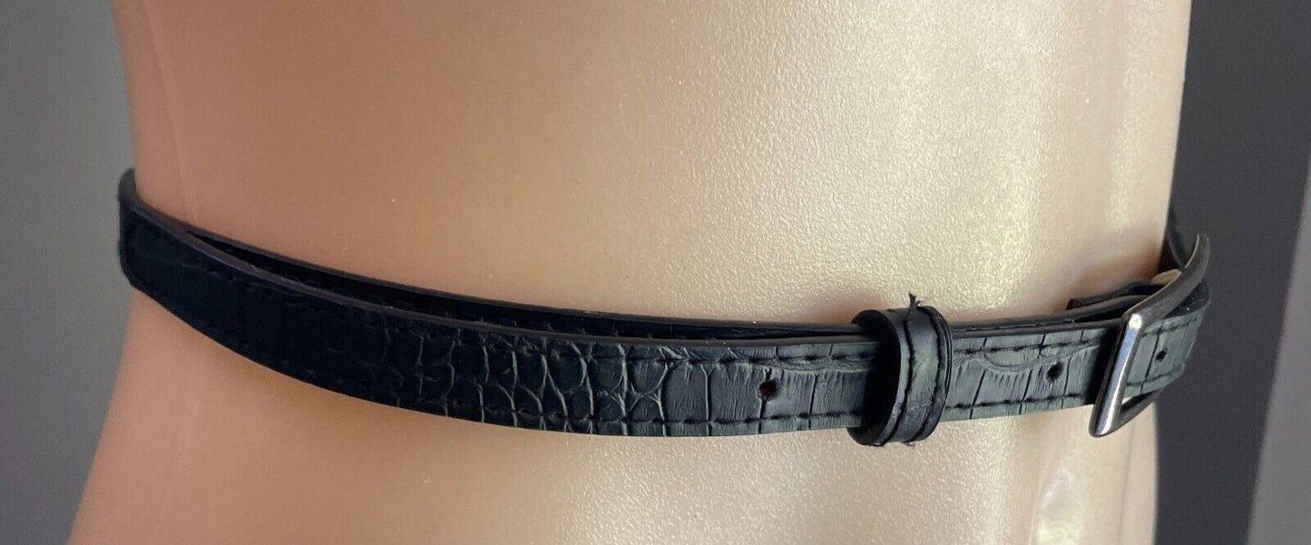Thin Belt Black Croc Look Pleather 1.5cm To Fit Waist 86 - 96cm Rectangle Buckle