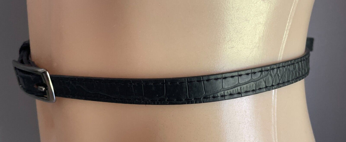 Thin Belt Black Croc Look Pleather 1.5cm To Fit Waist 86 - 96cm Rectangle Buckle