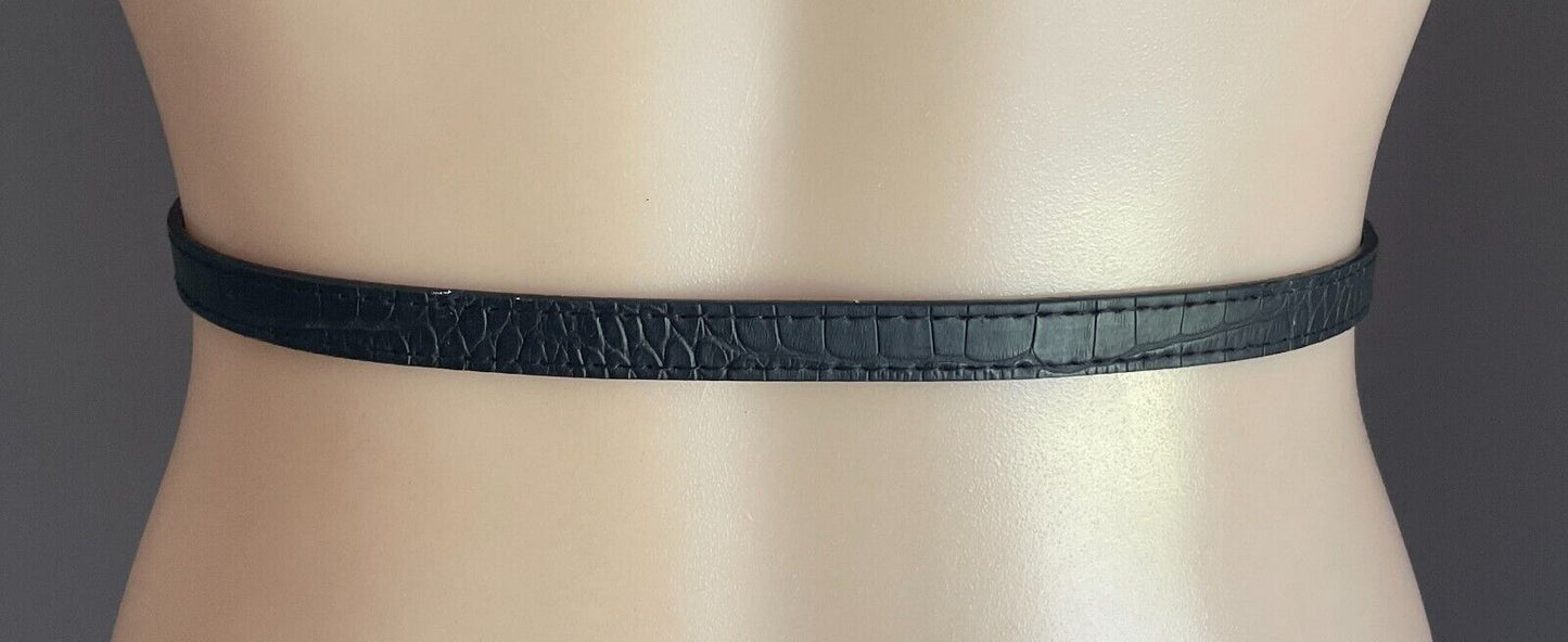Thin Belt Black Croc Look Pleather 1.5cm To Fit Waist 86 - 96cm Rectangle Buckle