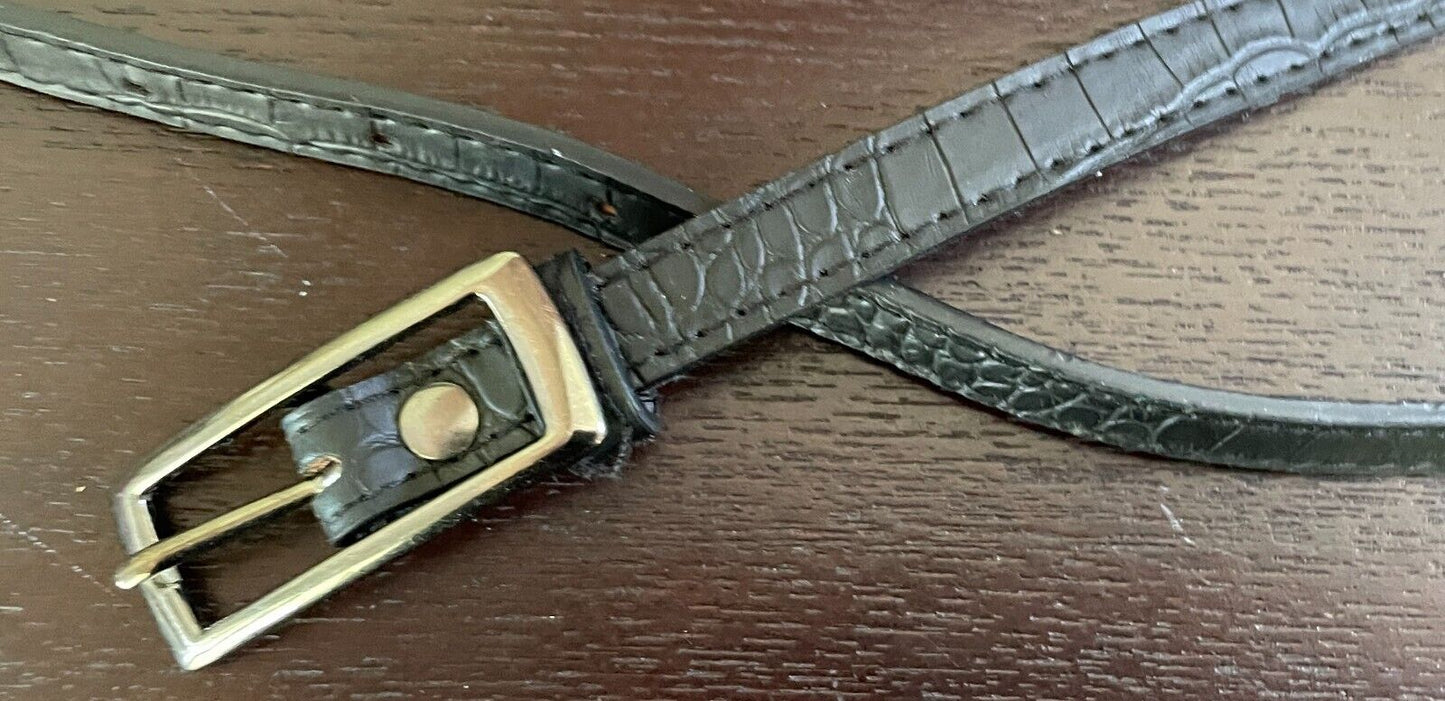 Thin Belt Black Croc Look Pleather 1.5cm To Fit Waist 86 - 96cm Rectangle Buckle