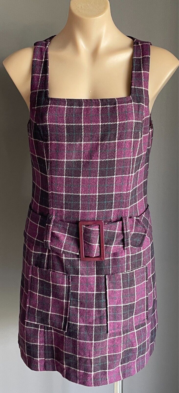 VALLEYGIRL Mini Shift Dress Belt Purple Check Sleeveless Size 10 1960s Mod Look