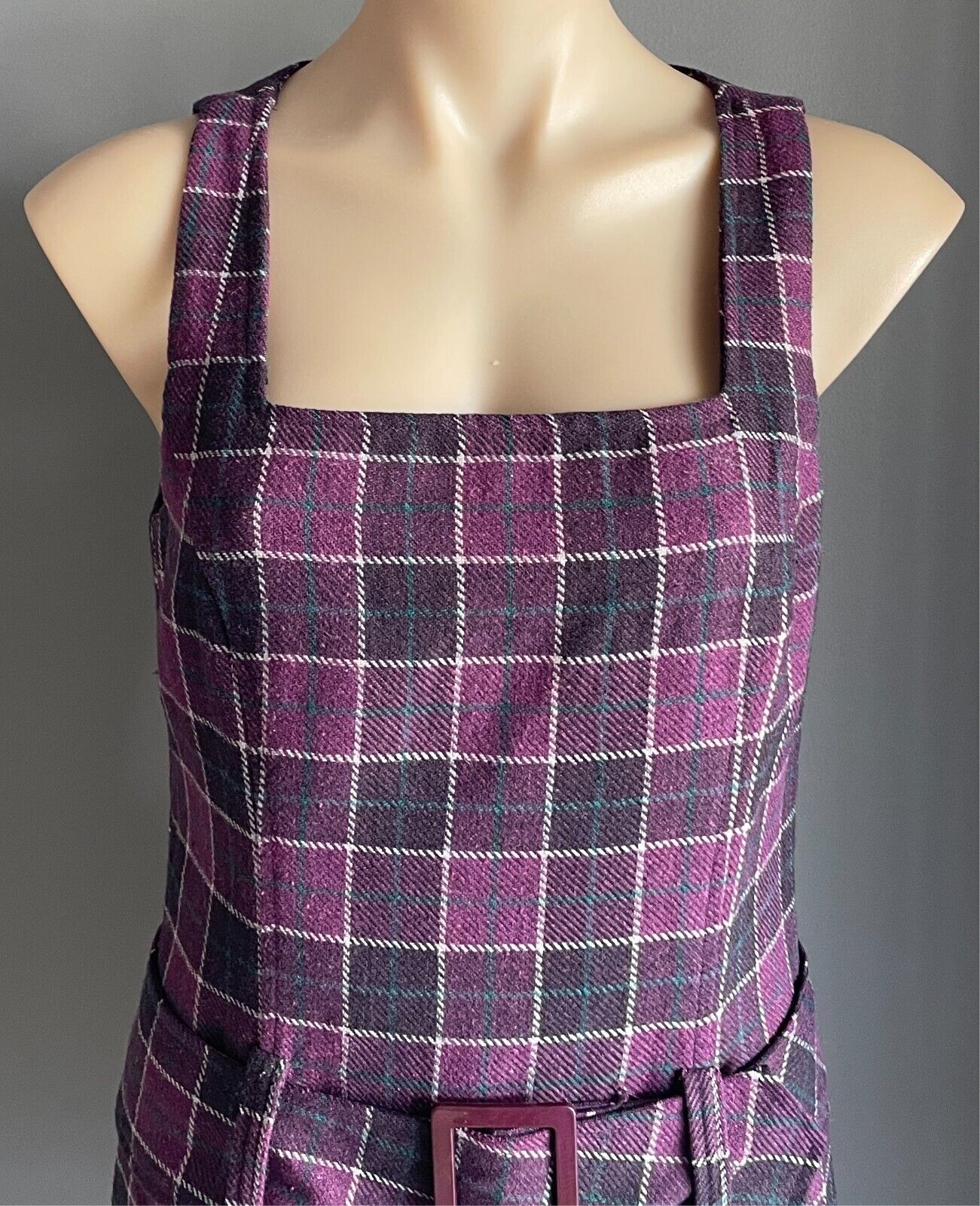 VALLEYGIRL Mini Shift Dress Belt Purple Check Sleeveless Size 10 1960s Mod Look