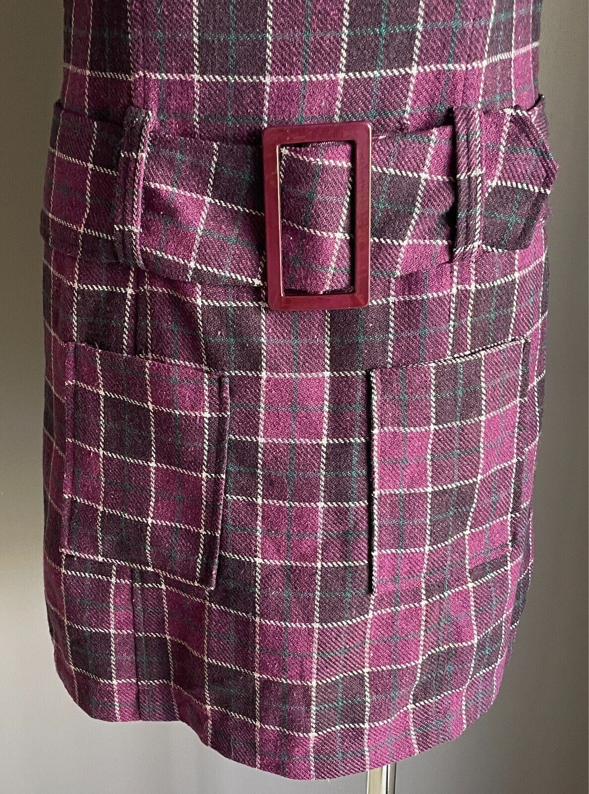 VALLEYGIRL Mini Shift Dress Belt Purple Check Sleeveless Size 10 1960s Mod Look