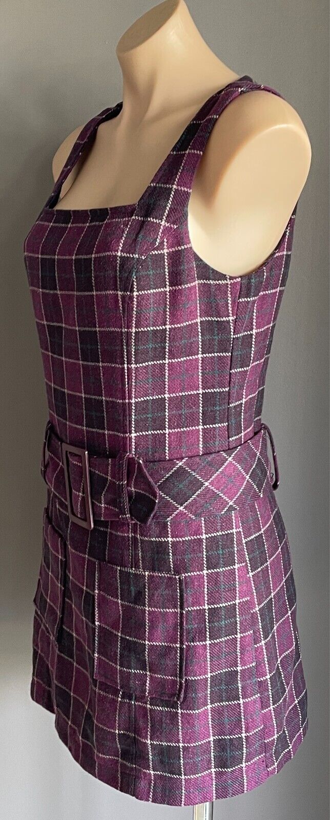 VALLEYGIRL Mini Shift Dress Belt Purple Check Sleeveless Size 10 1960s Mod Look