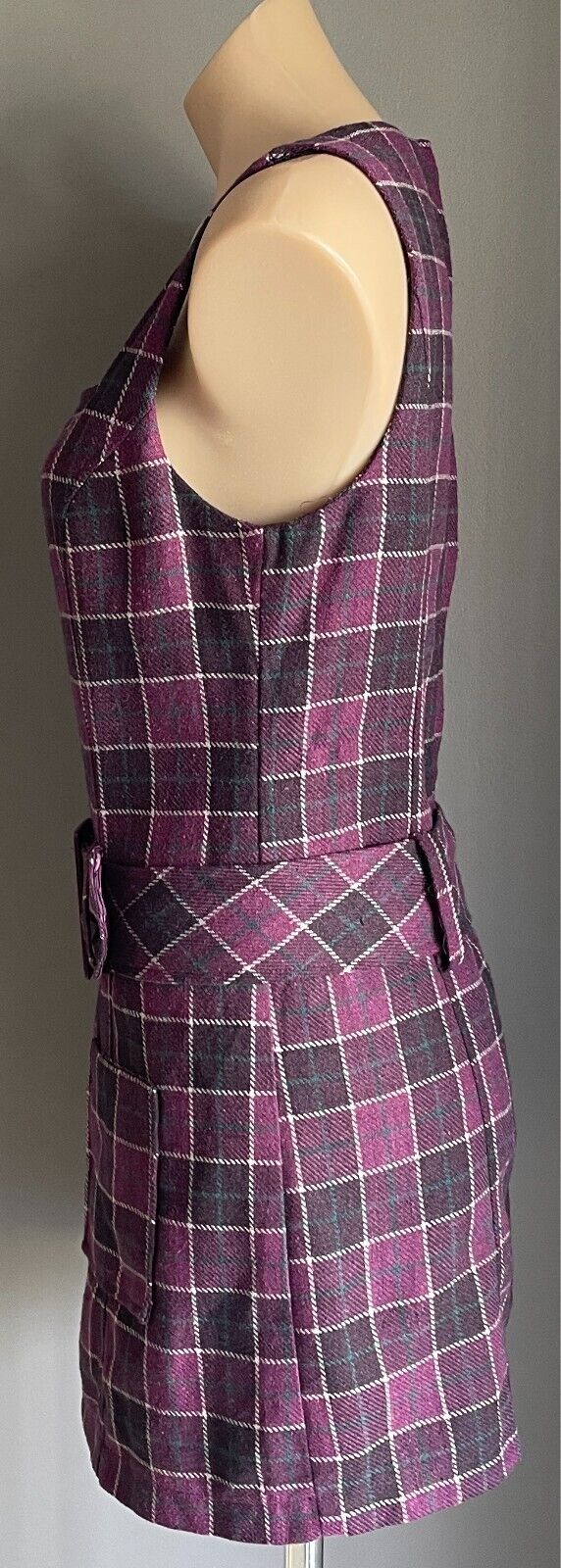 VALLEYGIRL Mini Shift Dress Belt Purple Check Sleeveless Size 10 1960s Mod Look