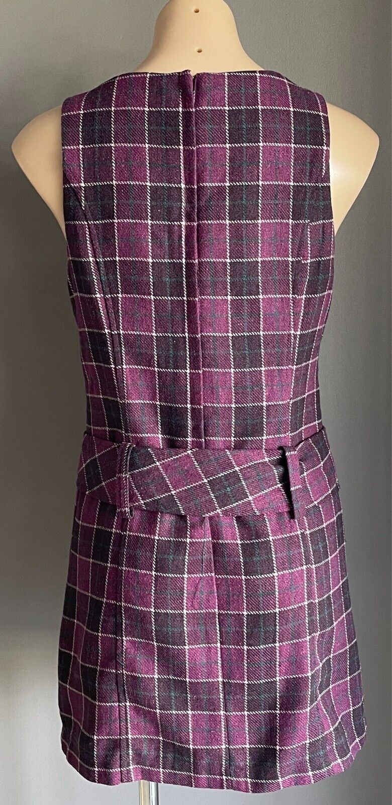 VALLEYGIRL Mini Shift Dress Belt Purple Check Sleeveless Size 10 1960s Mod Look