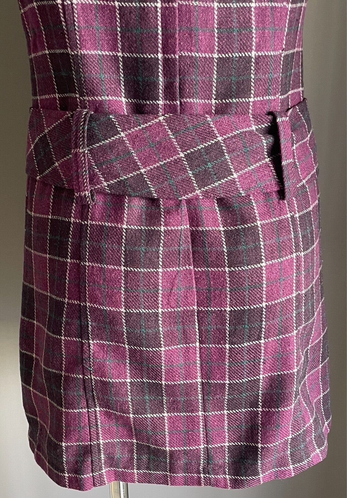 VALLEYGIRL Mini Shift Dress Belt Purple Check Sleeveless Size 10 1960s Mod Look