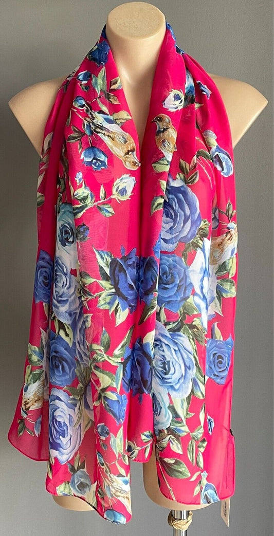 AIYARA Scarf Rectangle Wrap Chiffon Pink Floral & Bird Print Semi Sheer Shawl