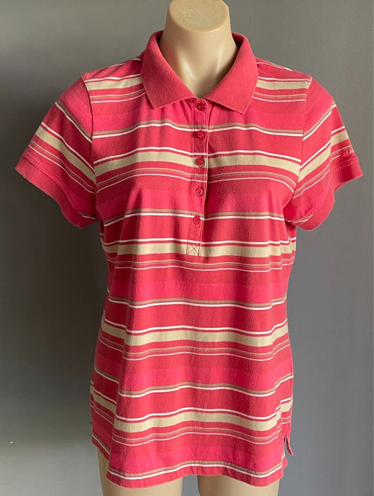 JAG Polo Shirt  Pink Khaki White Stripe Short Sleeves Cotton Top Ladies Size L