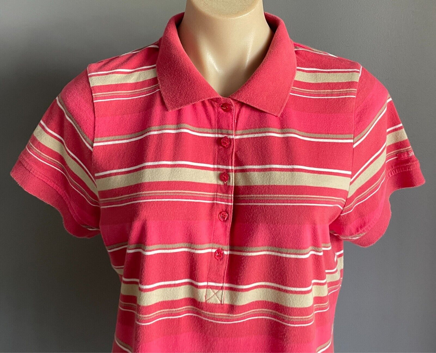 JAG Polo Shirt  Pink Khaki White Stripe Short Sleeves Cotton Top Ladies Size L