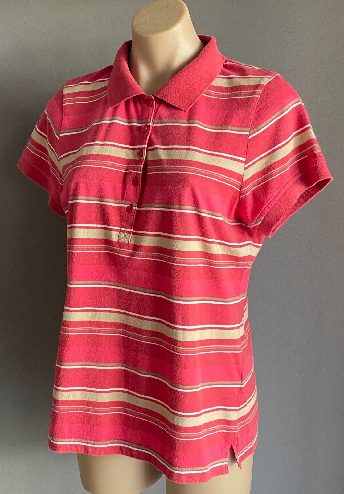JAG Polo Shirt  Pink Khaki White Stripe Short Sleeves Cotton Top Ladies Size L