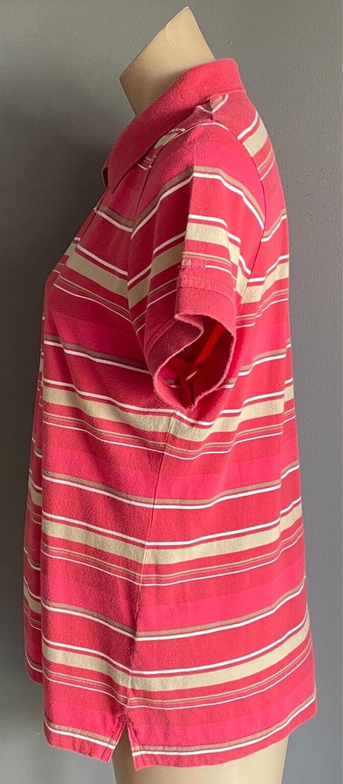 JAG Polo Shirt  Pink Khaki White Stripe Short Sleeves Cotton Top Ladies Size L