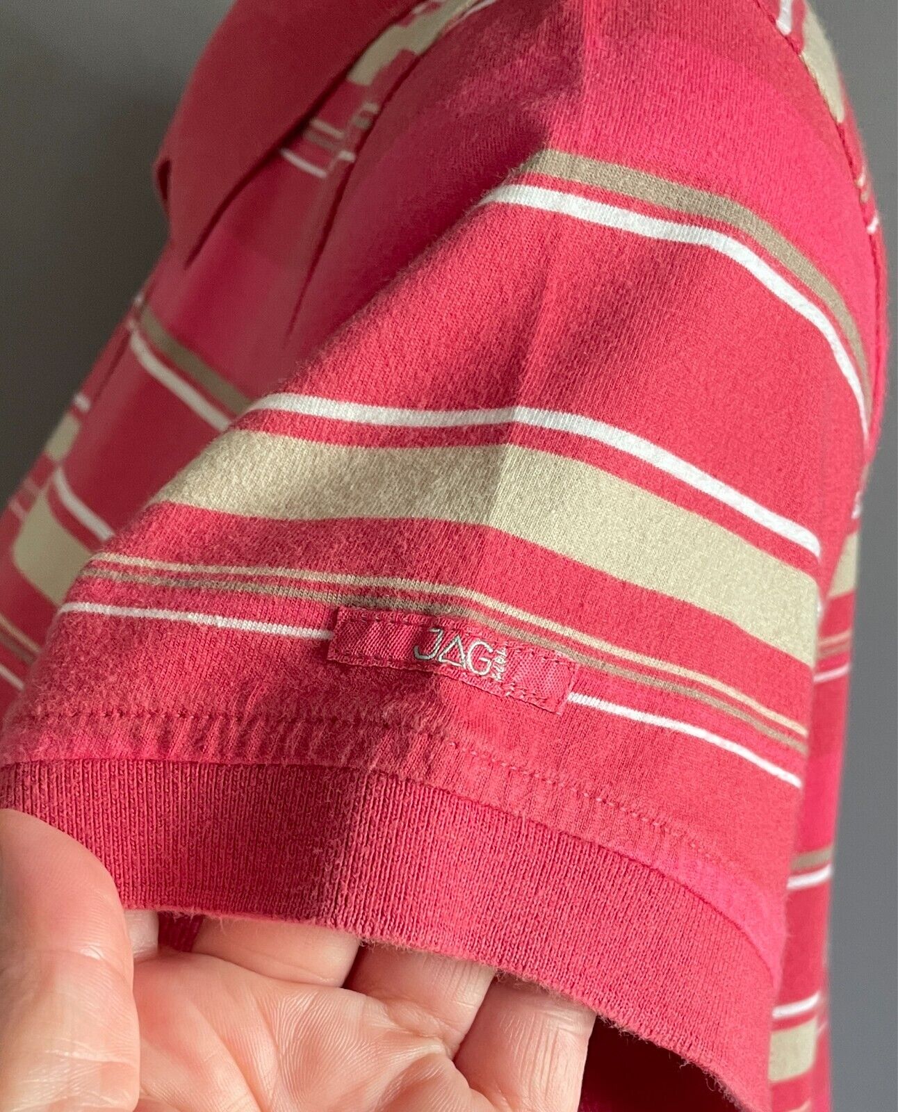 JAG Polo Shirt  Pink Khaki White Stripe Short Sleeves Cotton Top Ladies Size L