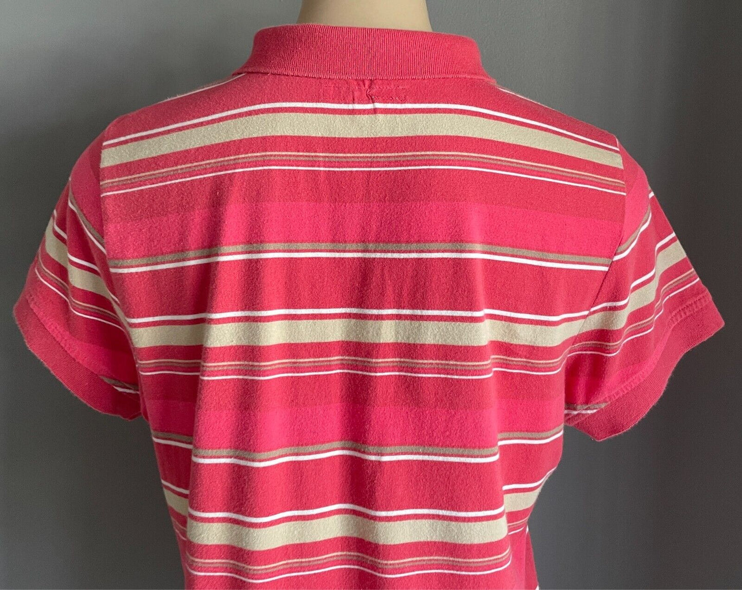 JAG Polo Shirt  Pink Khaki White Stripe Short Sleeves Cotton Top Ladies Size L