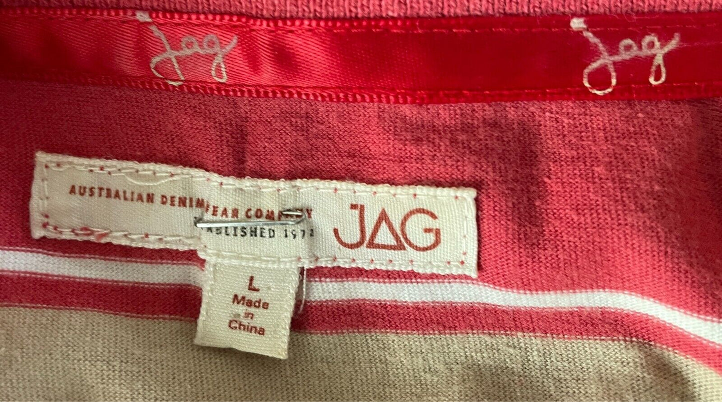 JAG Polo Shirt  Pink Khaki White Stripe Short Sleeves Cotton Top Ladies Size L