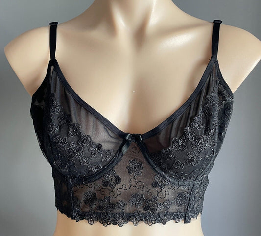 HELLO PEACHIEE Clover Black Bralette Size 12C Underwire Adjustable Longline NEW