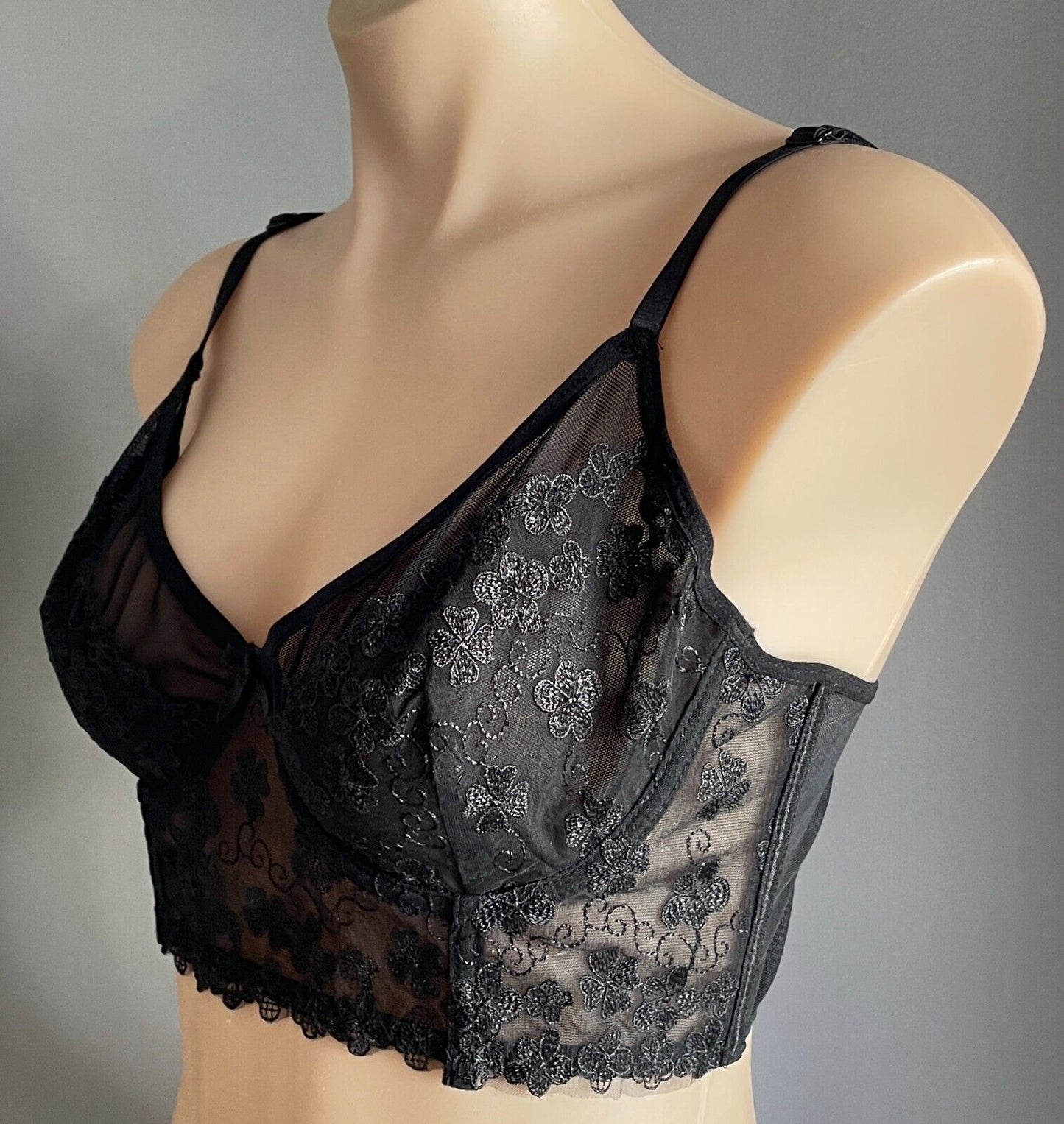 HELLO PEACHIEE Clover Black Bralette Size 12C Underwire Adjustable Longline NEW