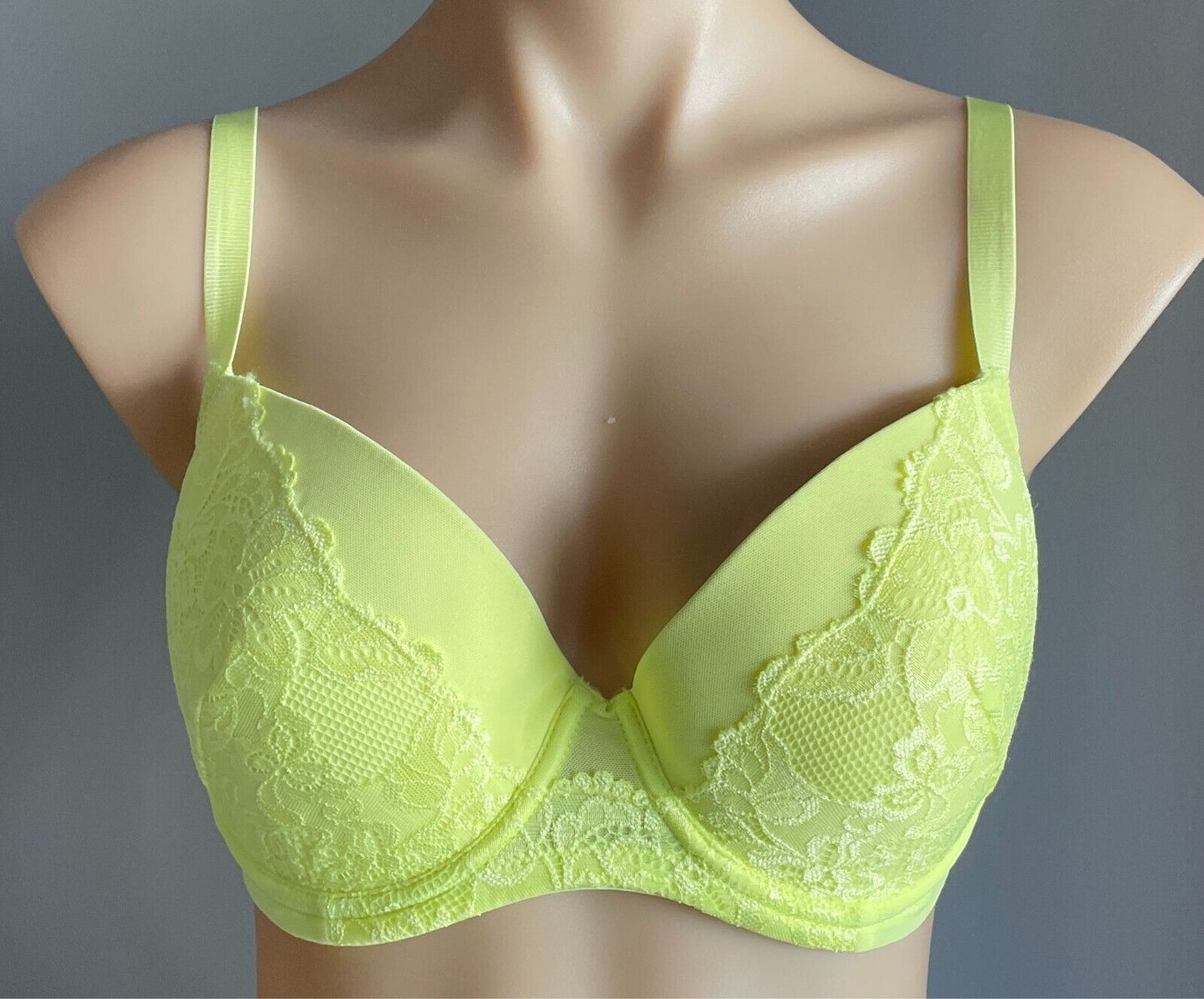 KAYSER "Brazilian" Bra Neon Yellow Lace Trim 12DD Underwire Adjustable