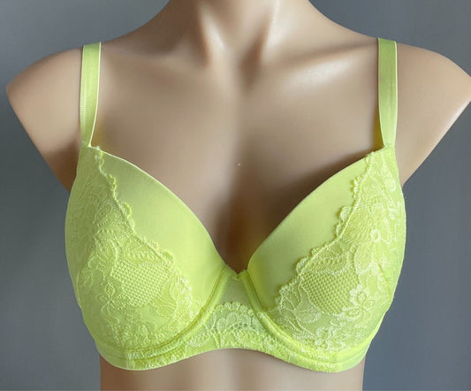 KAYSER "Brazilian" Bra Neon Yellow Lace Trim 12DD Underwire Adjustable