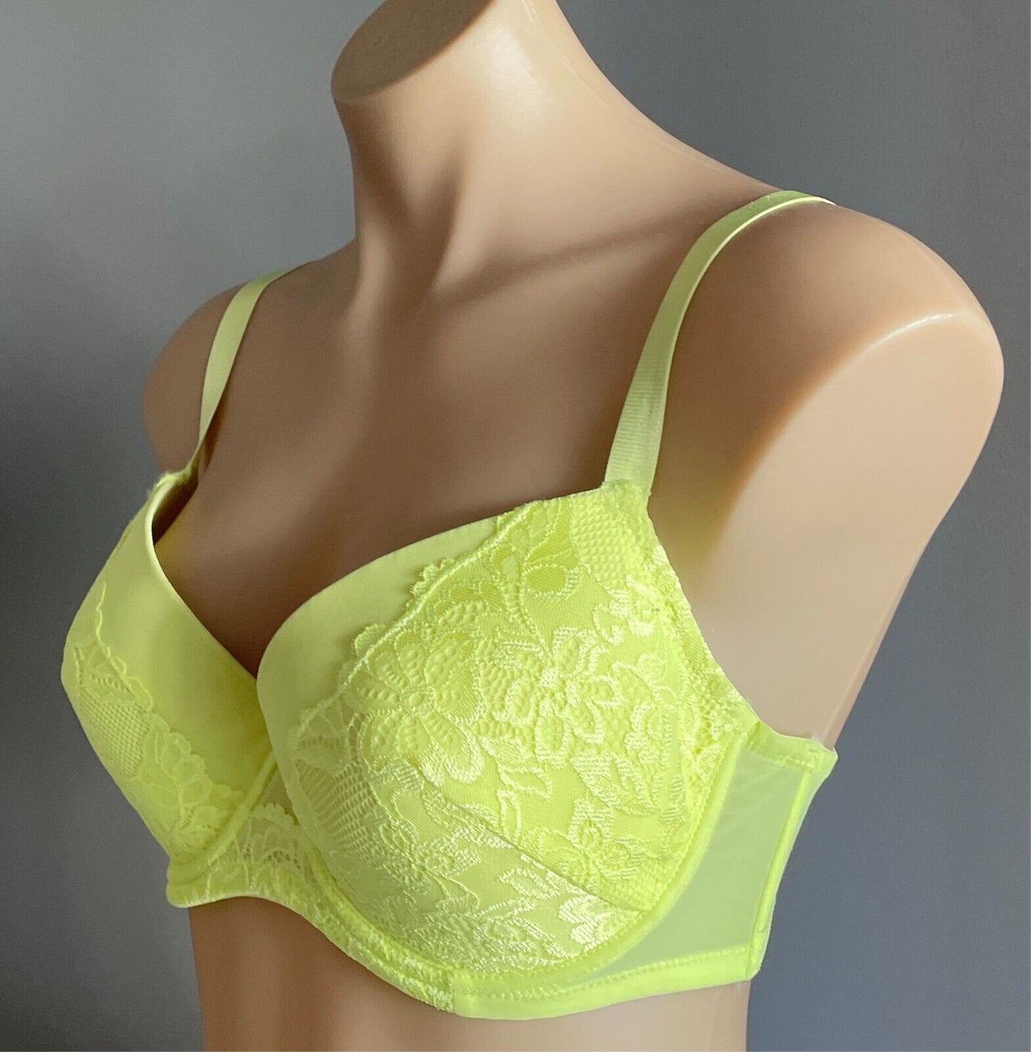 KAYSER "Brazilian" Bra Neon Yellow Lace Trim 12DD Underwire Adjustable