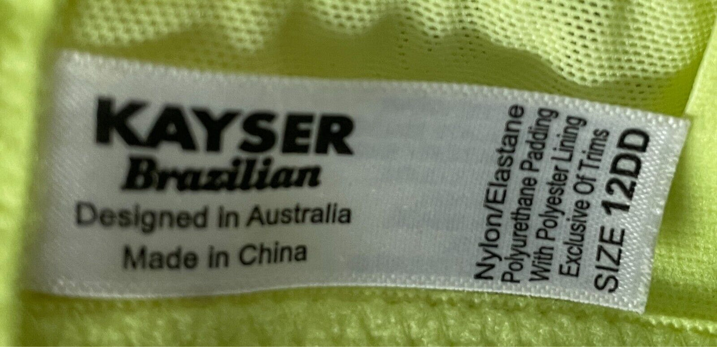 KAYSER "Brazilian" Bra Neon Yellow Lace Trim 12DD Underwire Adjustable