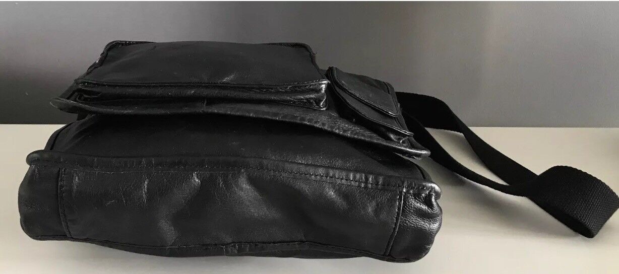 ENZO ROSSI Handbag Leather Cross Body Messenger Bag Black Grain Retro Gem NEW