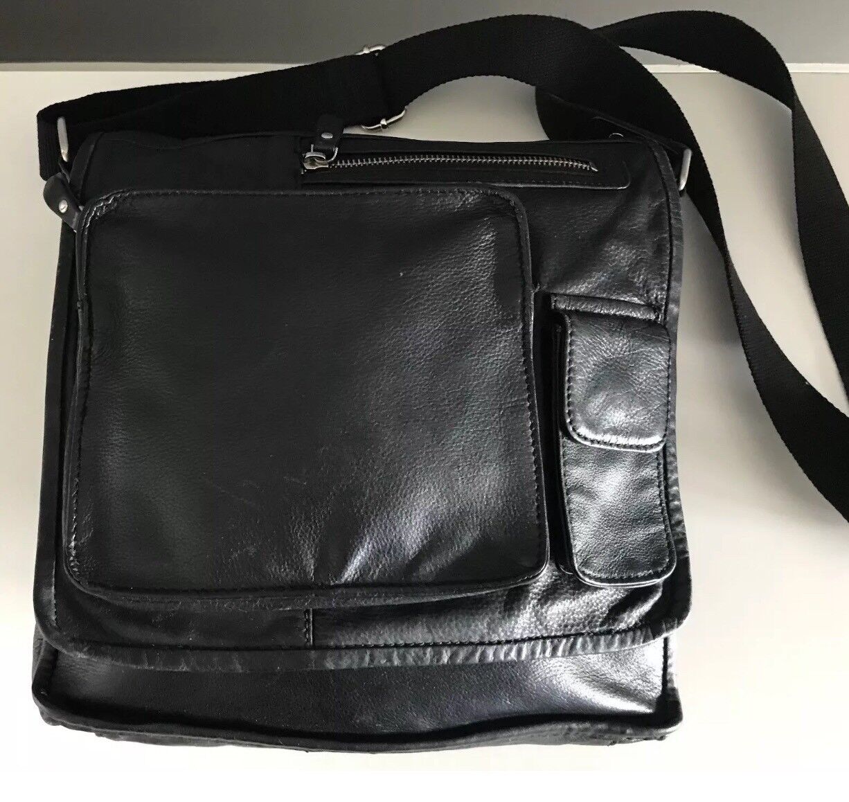 ENZO ROSSI Handbag Leather Cross Body Messenger Bag Black Grain Retro Gem NEW