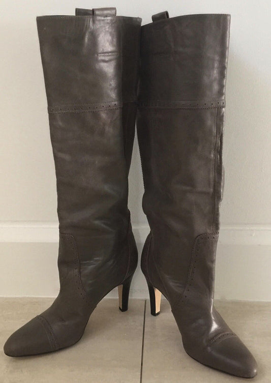 MOLLINI Long Knee High Boots Khaki Leather Winter Ladies Size 40 Pointy Toe