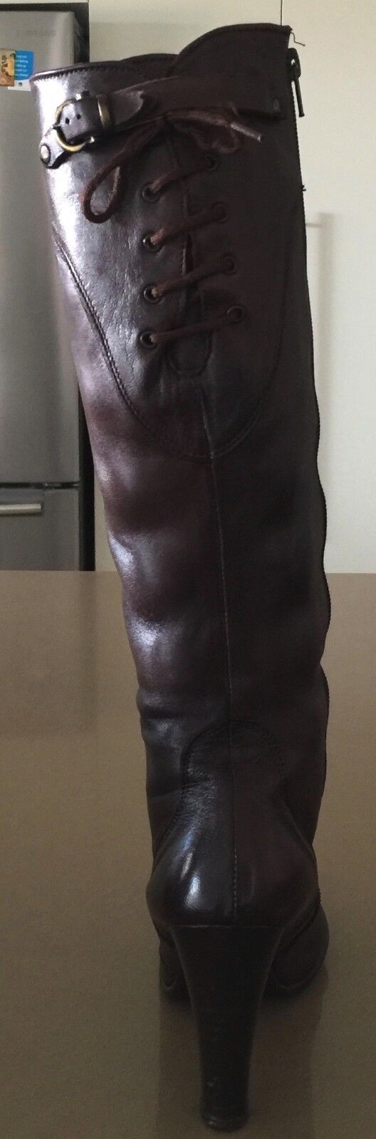 TORRETTI Boots Brown Leather Long Knee High Size 39 w Lace Up Back Ab Fab Ladies