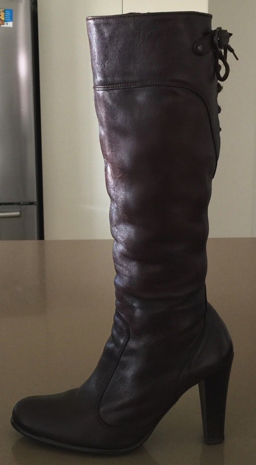 TORRETTI Boots Brown Leather Long Knee High Size 39 w Lace Up Back Ab Fab Ladies