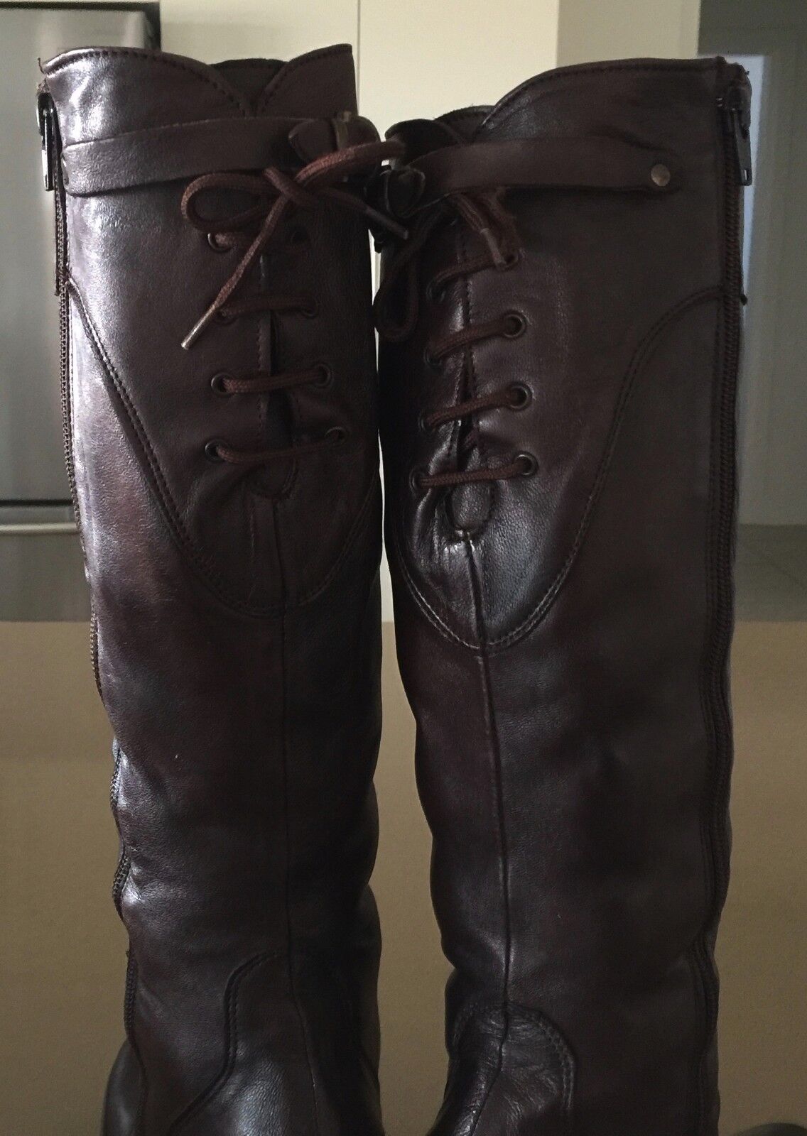 TORRETTI Boots Brown Leather Long Knee High Size 39 w Lace Up Back Ab Fab Ladies